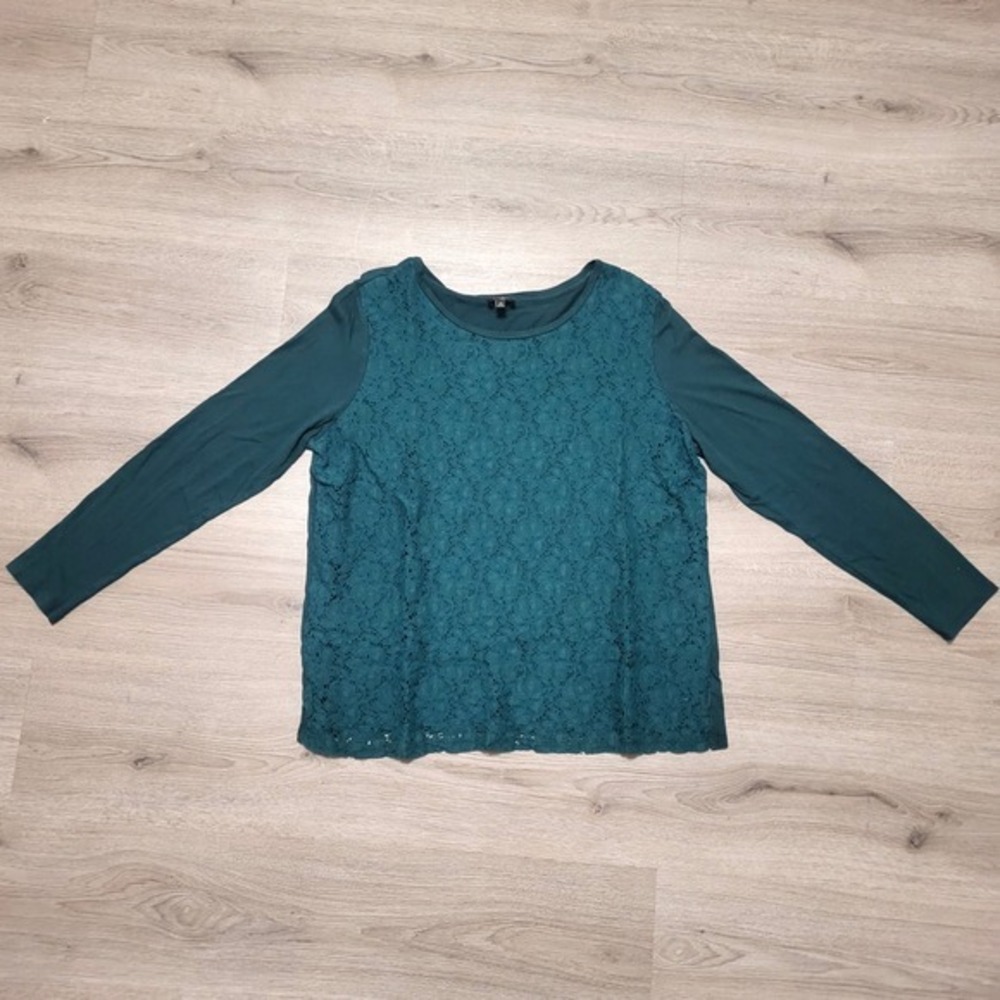 Talbots Woman Green Emerald Lace Overlay Long Sleeve Top‎ Plus Size 1X